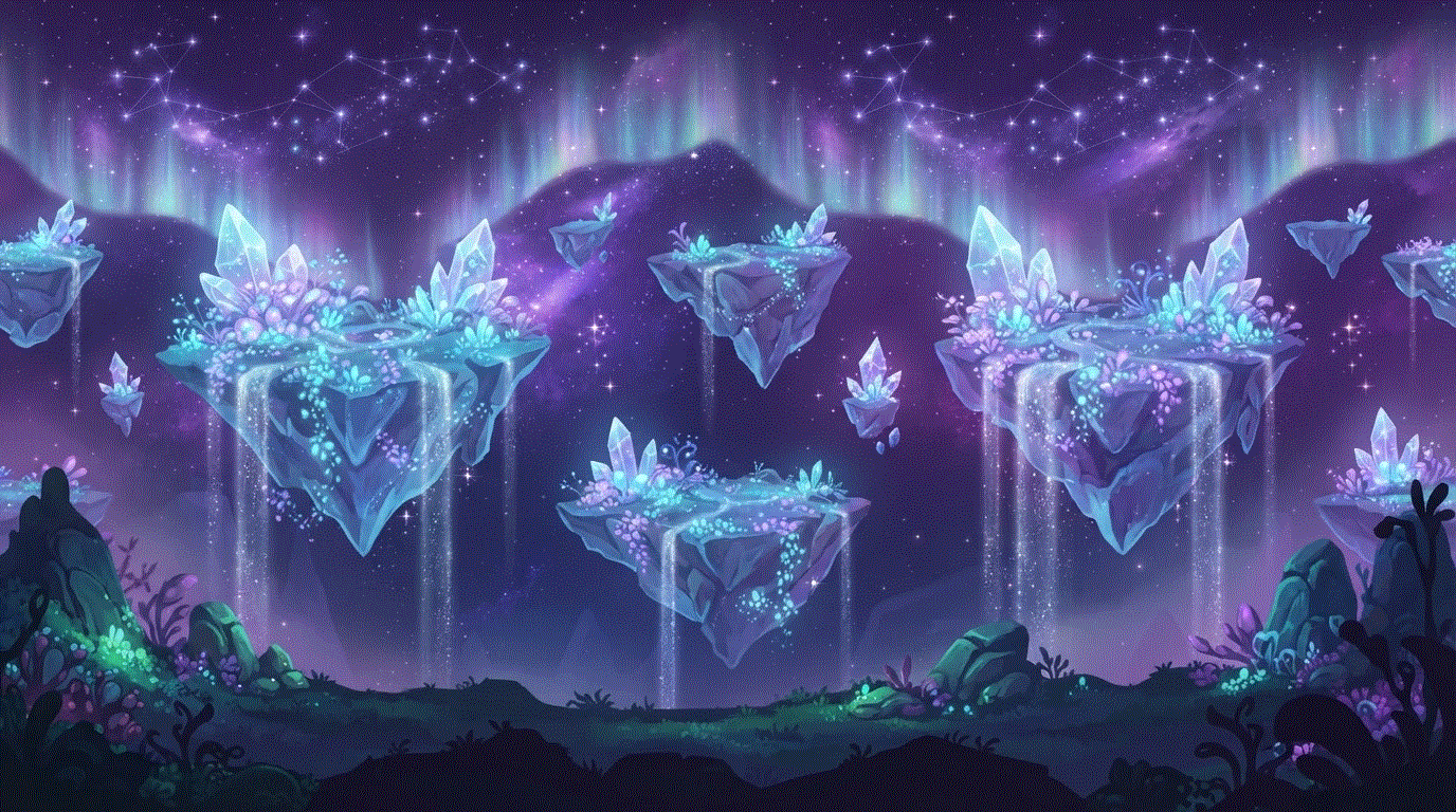 Luminous floating islands beneath a violet and teal starfield