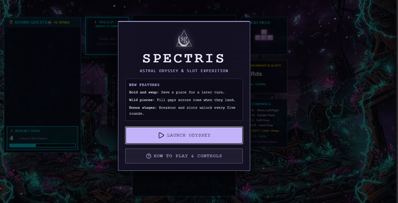 Spectris: Astral Odyssey title screen with a cosmic puzzle game preview